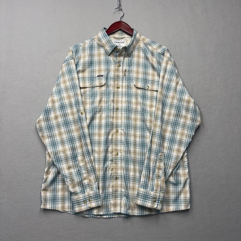 Poncho Outdoors Fishing Shirt Mens XL Blue Tan Plaid Magnetic Pocket Regular Fit